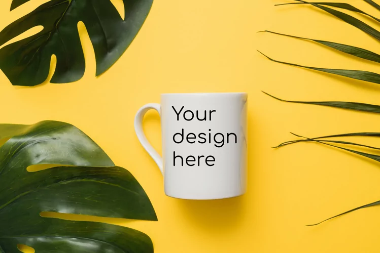 Mockup on a white mug on a tropical background