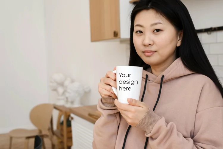 Mockup on a narrow white mug in the hands of an Asian woman