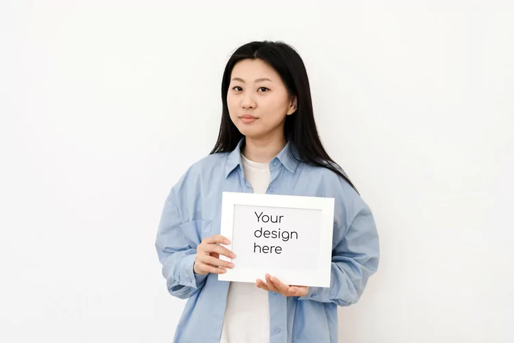 Asian woman holding white blank frame with mock up