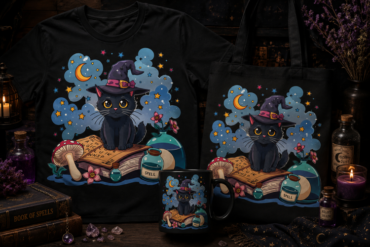 Black Cat Witch PNG | Cute Halloween Spellbook Clipart