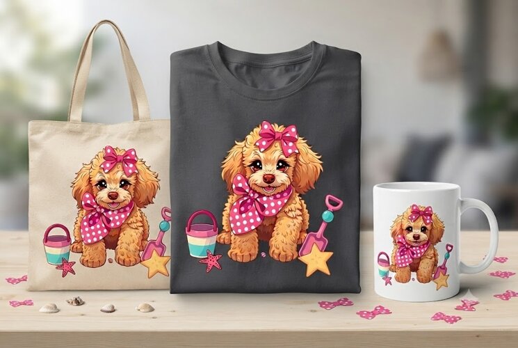 Cute Summer Puppy with Beach Toys PNG Clipart Design example image 1