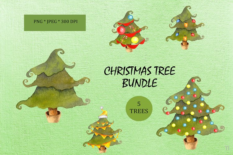 Watercolor Christmas Trees Bundle PNG JPEG example image 1