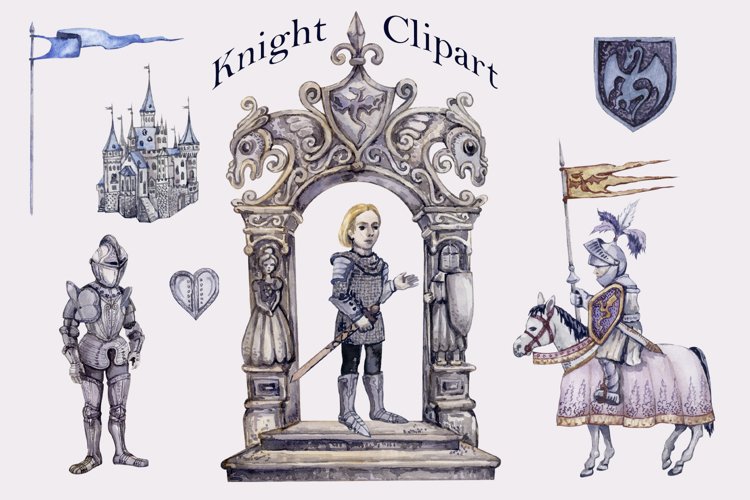 Watercolor Knight Clipart png set, Magic Kingdom Castle example image 1