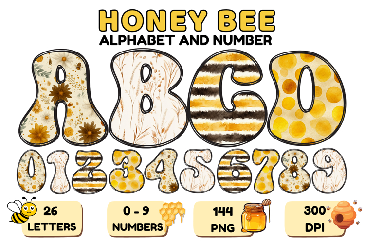 Honey bee Alphabet png clipart, honey bee letters doodle