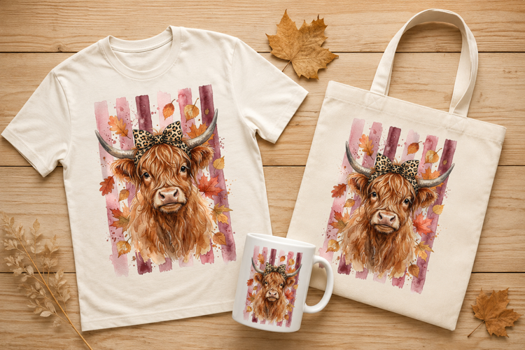 Fluffy Highland Cow Leopard Bow Fall Watercolor Art