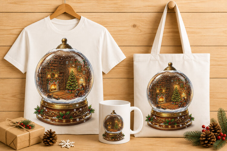 Cozy Library Snow Globe Christmas Holiday Art PNG example image 1