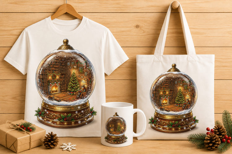 Cozy Library Snow Globe Christmas Holiday Art PNG