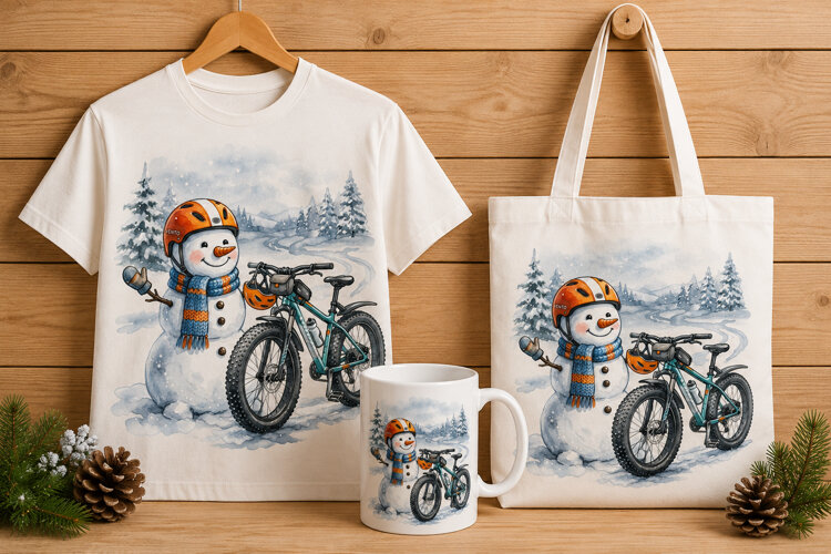 Cute Snowman Cycling Winter Sports Art Print example image 1