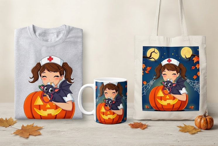 Halloween Nurse PNG with Pumpkin, Bat & Autumn Leaves