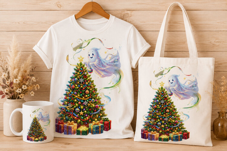 Cute Ghost Decorating Christmas Tree Holiday Art PNG example image 1