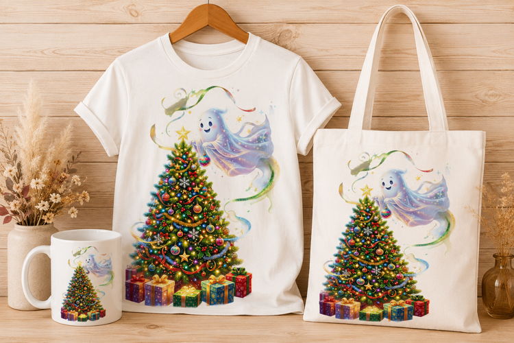 Cute Ghost Decorating Christmas Tree Holiday Art PNG
