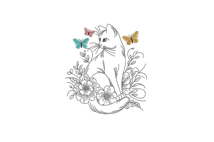 Cat Floral with Butterflies