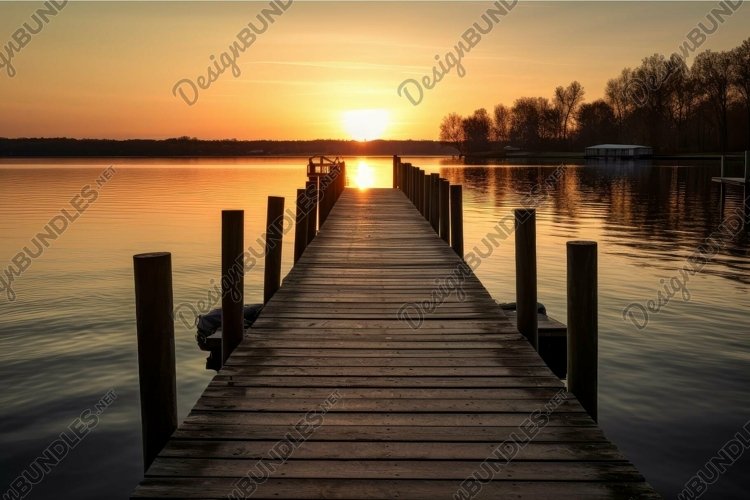 Serene lake sunset with wooden pier