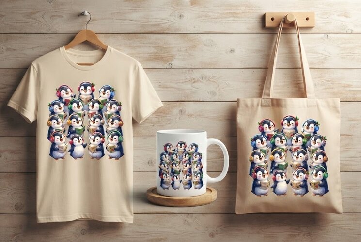 Cute Penguin Choir Singing Christmas Carols Art example image 1