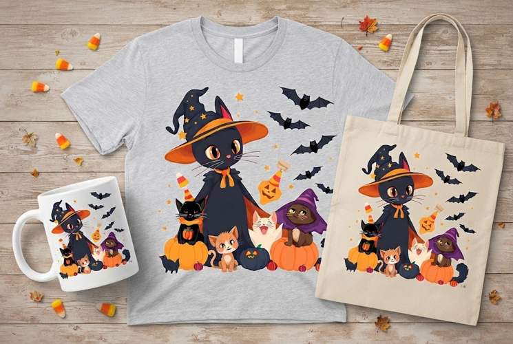 Halloween Black Cat Family PNG | Witch Cat & Kittens Clipart