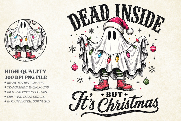 Dead Inside But It's Christmas PNG - Ghost Shirt Design