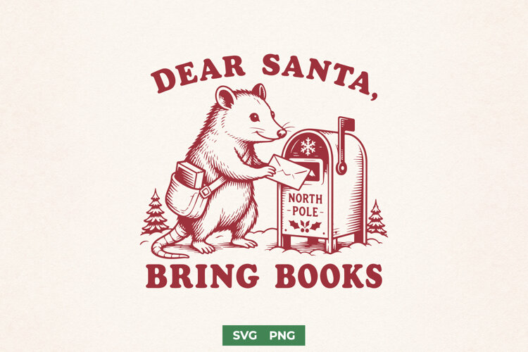 Dear Santa Bring Books SVG, Christmas Opossum Bookish PNG example image 1