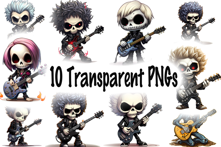 Cute Halloween Skeleton Clipart Guitar Death Metal 10 PNGs