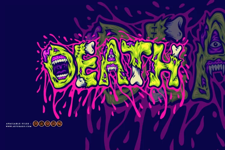 Death word typeface with creepy monster letter illustrations