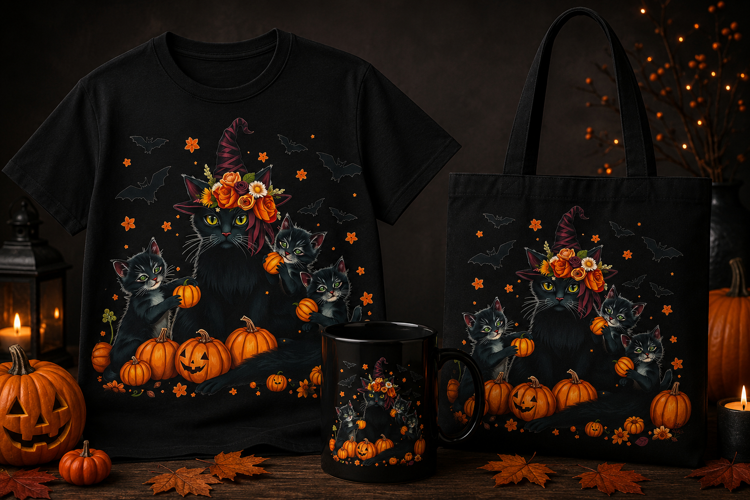 Halloween Cat Mom PNG | Black Cat Family Pumpkin Clipart