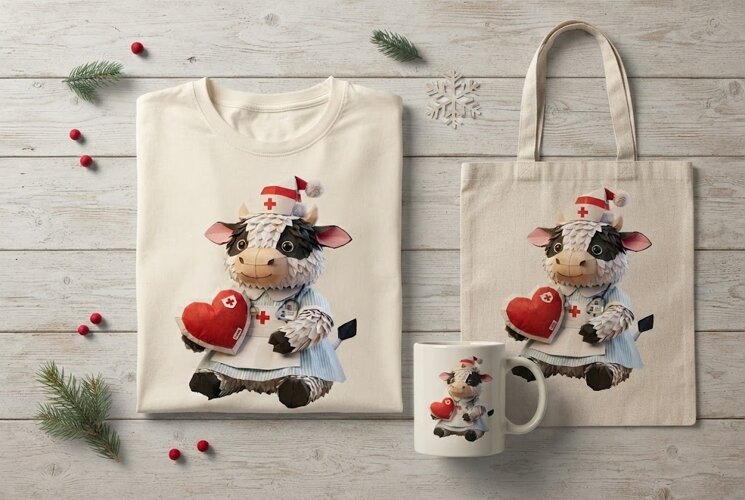 Papercraft Nurse Cow Heart Christmas Holiday Art Print example image 1