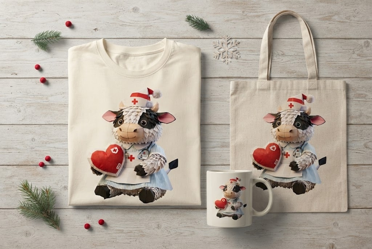 Papercraft Nurse Cow Heart Christmas Holiday Art Print