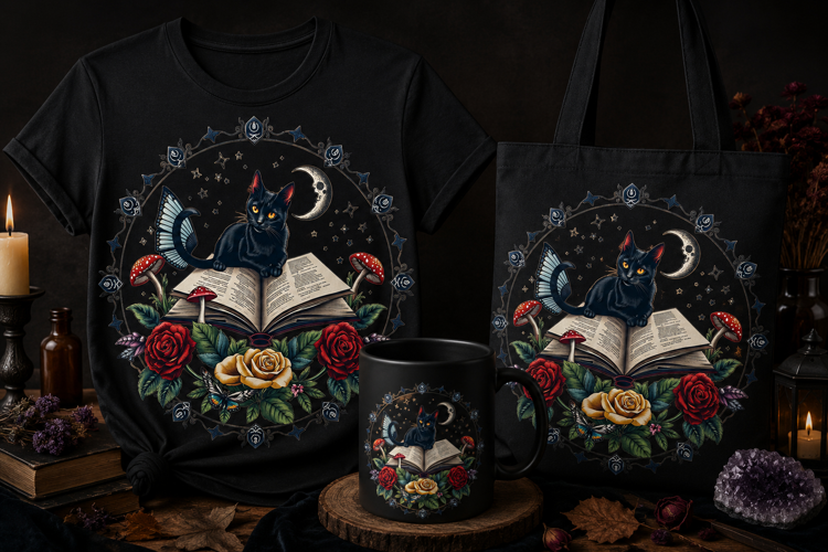 Black Cat Book PNG | Gothic Moon, Roses & Mushroom Halloween