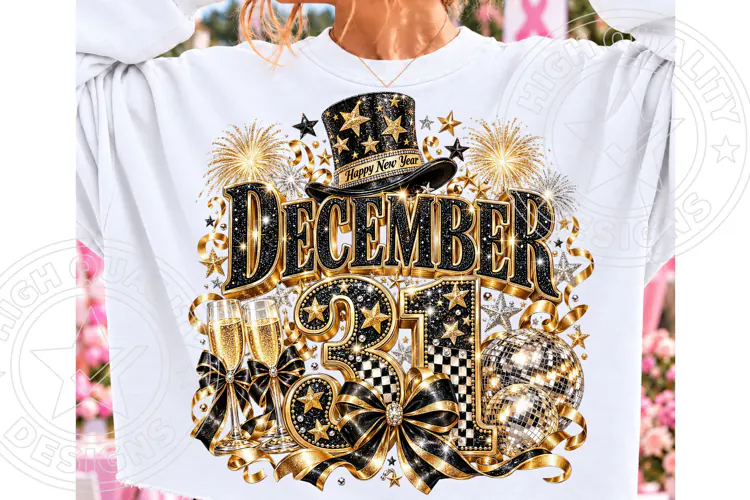 December 2027 PNG, Black & Gold Champagne Disco Ball New Yea
