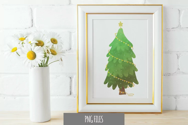 Christmas Tree and Wrapped Light Watercolor