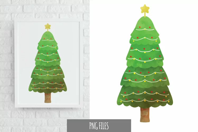 Christmas Tree with Star on Top Watercolor