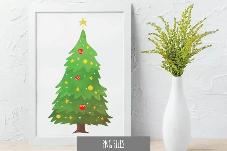 Christmas Tree with Baubles and Stars Watercolor