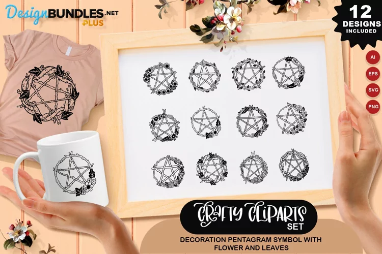 Decoration Pentagram Symbol With Flower And Leaves Clipart