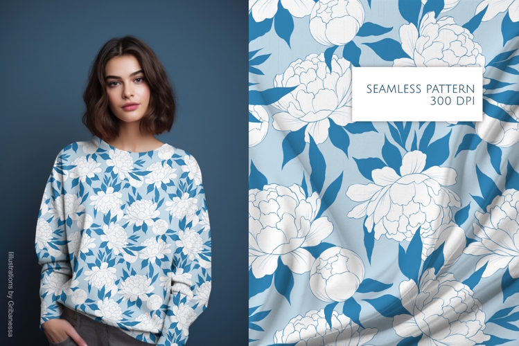 Blue Peony Seamless Pattern