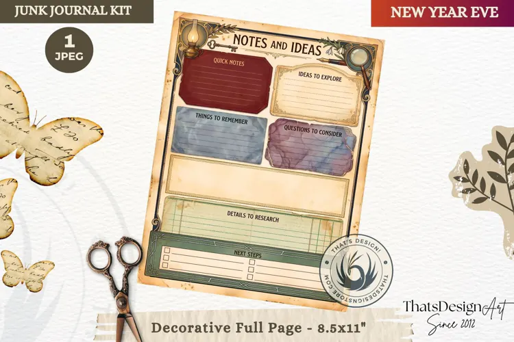 Vintage New Year Junk Journal planning Page for scrapbooking