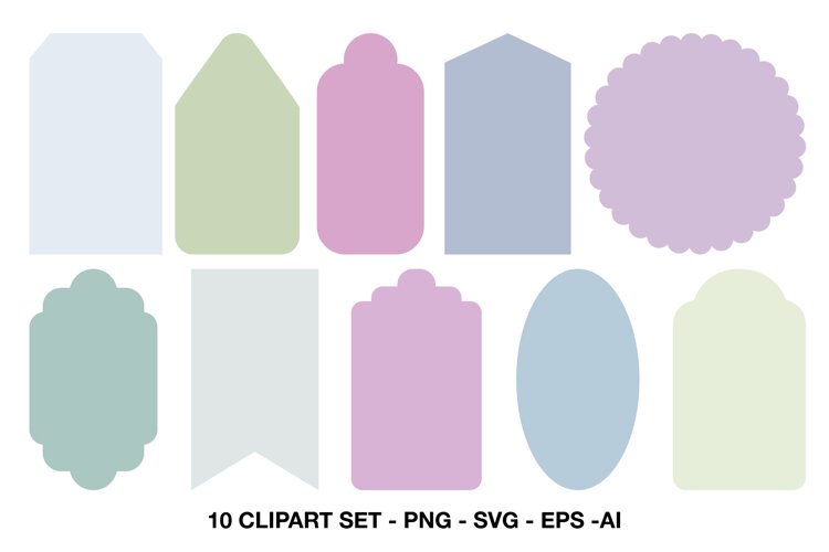 Ten simple decorative label shapes in muted blue, green, pink and purple pastel colors.
