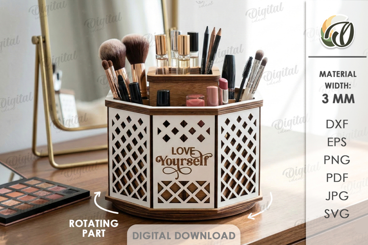3D Rotating Organizer Laser Cut. Make up storage box SVG