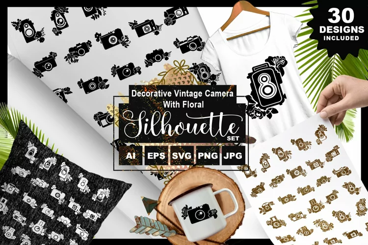 Decorative Vintage Camera With Floral Silhouette Pack