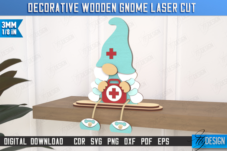 Decorative Wooden Gnome Laser Cut | Seated Figurine | Doctor