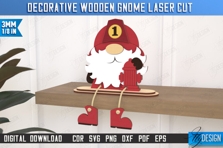 Decorative Wooden Gnome Laser Cut | Seated Figurine |Fireman example image 1
