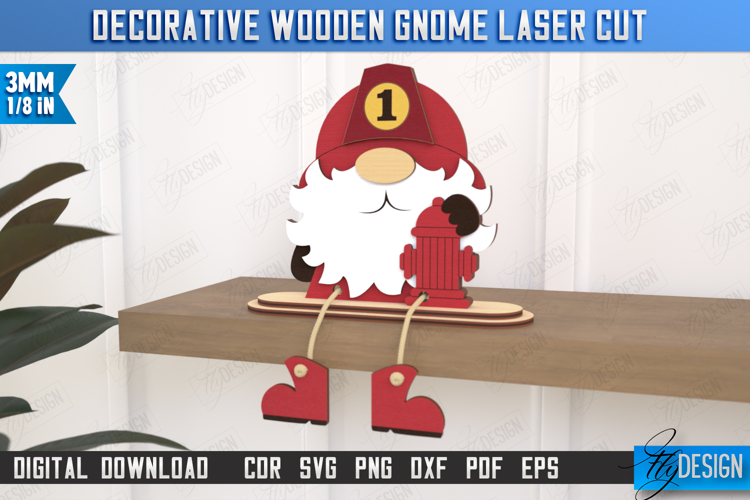 Decorative Wooden Gnome Laser Cut | Seated Figurine |Fireman
