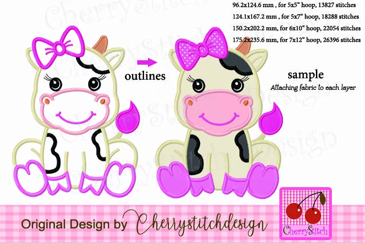 Baby cow with bow machine embroidery applique design