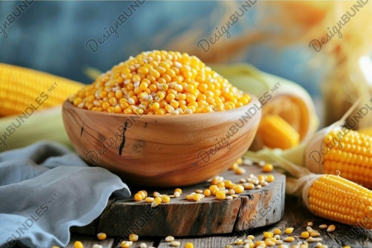 Handcrafted Kernels Example Bowl of harvested corn kernels on rustic table