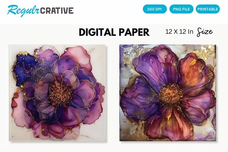Deep Colored Alcohol Ink Flower Glitter Digital Paper