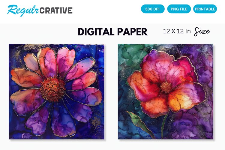 Deep Colored Alcohol Ink Flower Glitter Digital Paper