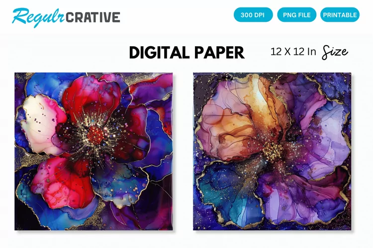 Deep Colored Alcohol Ink Flower Glitter Digital Paper