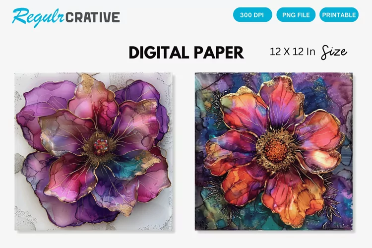 Deep Colored Alcohol Ink Flower Glitter Digital Paper