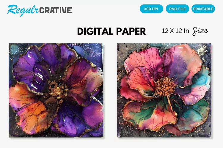 Deep Colored Alcohol Ink Flower Glitter Digital Paper
