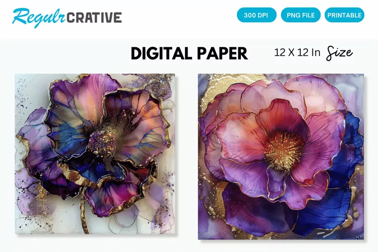 Deep Colored Alcohol Ink Flower Glitter Digital Paper
