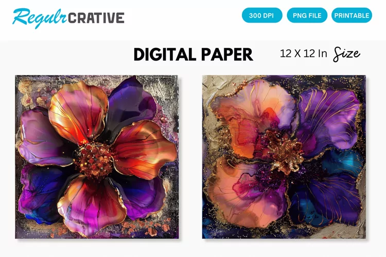 Deep Colored Alcohol Ink Flower Glitter Digital Paper