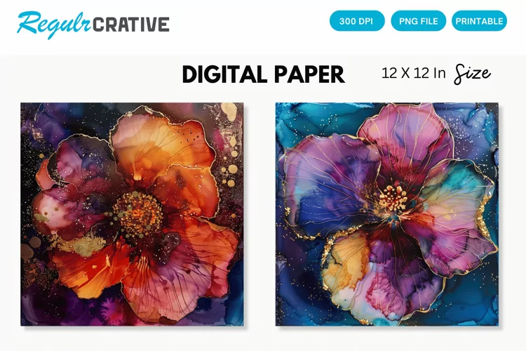 Deep Colored Alcohol Ink Flower Glitter Digital Paper